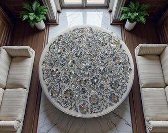 Perlmutt Inlay Couchtisch: Handgemachte Florale Intarsien, Weiße Marmorplatte