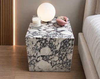 Calacatta Viola Marble Cube Table | Luxury Side Table | Modern Italian Stone Contemporary Bedroom & Living Room Decor