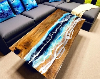 Handmade Acacia Live Edge Table: Ocean Wave Epoxy Resin Inlay