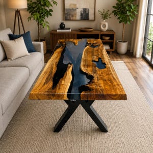 Black Epoxy Resin River Dining Table | Live Edge Acacia Wood Table | Handmade Luxury Furniture