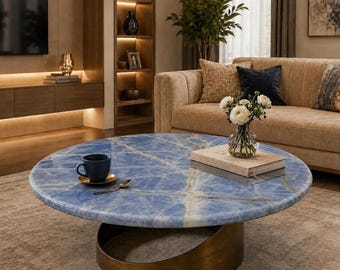Blue Onyx Table Top Round | Custom Coffee or Dining Gemstone Modern Home Furniture