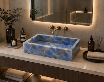 Handgefertigtes Waschbecken aus blauem Onyxstein, luxuriöses Naturstein-Waschbecken für modernes Badezimmer-Interieur