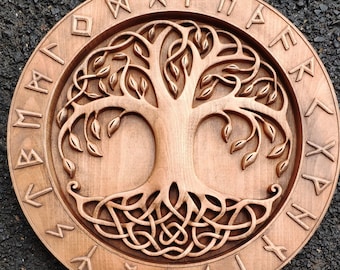Yggdrasil - the mighty tree of life norse mythology odin vallhala woodcarving pagan heathen asartu celtic wall hanging vikings runes