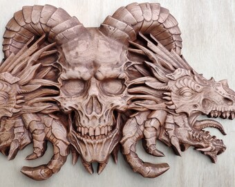 Skull and Dragons Wood Carving Fantastic Animal Wall Art Norse Rustic Nordic Celtic Heathen Home Wall Hanging Viking pagan mythology
