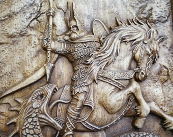 Perun - the god of thunder and lighting and the dragon slavic mythology wall art  Pagan wood carving heathen  asatru