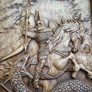 Perun - the god of thunder and lighting and the dragon slavic mythology wall art  Pagan wood carving heathen  asatru
