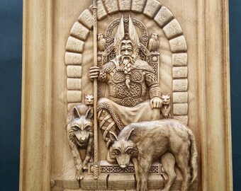 Vikings Norse God Odin wolfs ravens Wood carved wall art home decor, Valhalla, vikings pagan