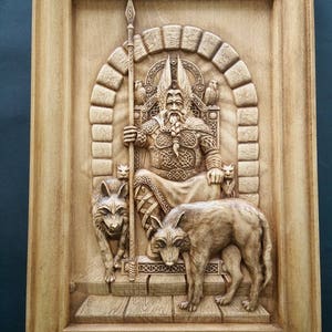 Vikings Norse God Odin wolfs ravens Wood carved wall art home decor, Valhalla, vikings pagan