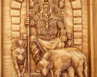 Vikings Norse God Odin wolfs ravens Wood carved wall art home decor pagan