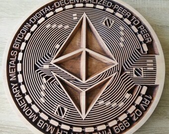Ethereum coin wood carving crypto currency chip carving wall art