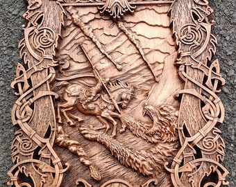 Odin Vs Fenrir-Ragnarök norsemythologie ragnarok houtsnijwerk heiden asatru loki thor homedecor walhalla heidense vikingen muur opknoping
