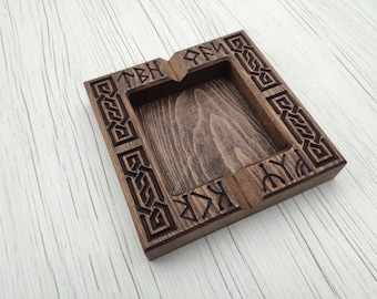 Solid Wood Cigar ashtray gift for men lifestyle lounge club engraved norse theme vikings valhalla powerful runes