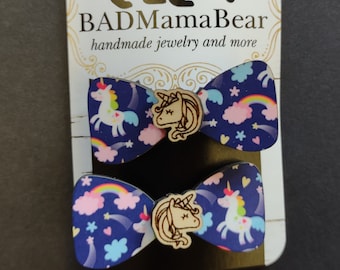 Unicorn Rainbow Wooden Hair Clips, Hair Bows, Magical