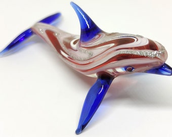 Dolphin Figurines Animals Hand Blown Glass Art Collectible Gift Home Decorate 4", Red Blue