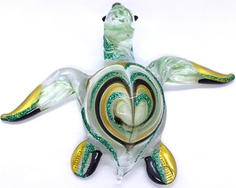 Heart Turtle Miniature Figurines Animals Hand Blown Color Glass Art Collectible Gift Decorate 3.5", Green Amber