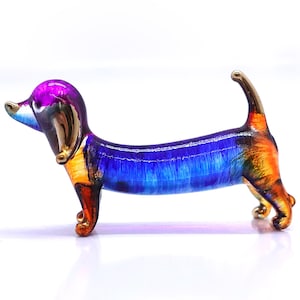 Dachshund Figurines Hand Painted Blue Orange Blown Glass Art Gold Trim Animals Collectible Gift Home Decor Doglover