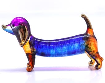 Dackel Figuren handbemalt blau orange mundgeblasenes Glas Kunst Gold Trim Tiere Sammler Geschenk Wohnkultur Doglover