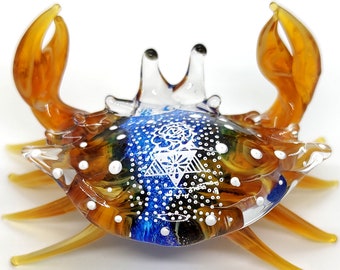 Crab Miniature Figurines Animals Hand Blown Glass Art Beach Collectible Gift Decorate, Amber Blue