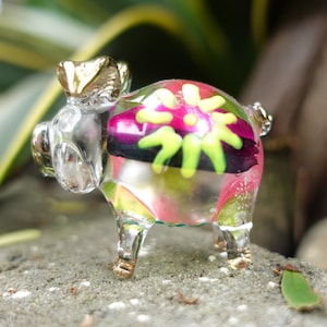 Pig Miniature Figurines Hand Painted Flowers Blown Glass Art Gold Trim Animals Collectible Gift Home Decor
