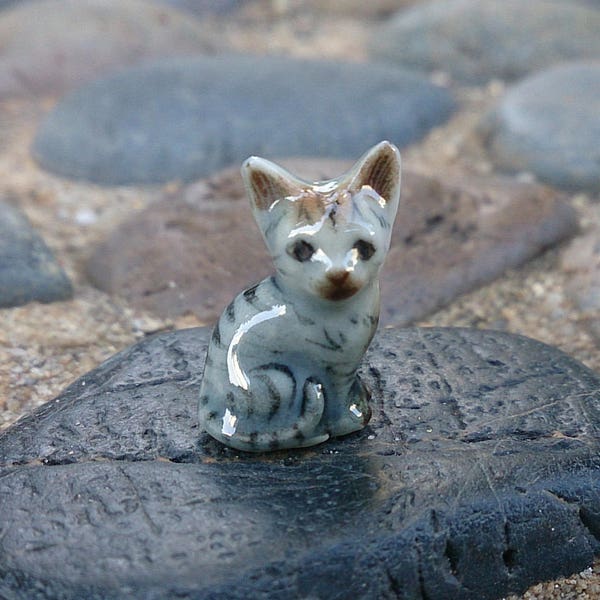 Micro Tiny Gray Kitten Cat Figurines Hand Painted Ceramic Animals Collectible Small Gift Home Decor