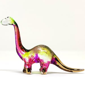 Apatosaurus Dinosaur Miniature Figurines Hand Painted Blown Glass Art 22K Gold Trim Animals Collectible Gift Home Decor, Pink Green