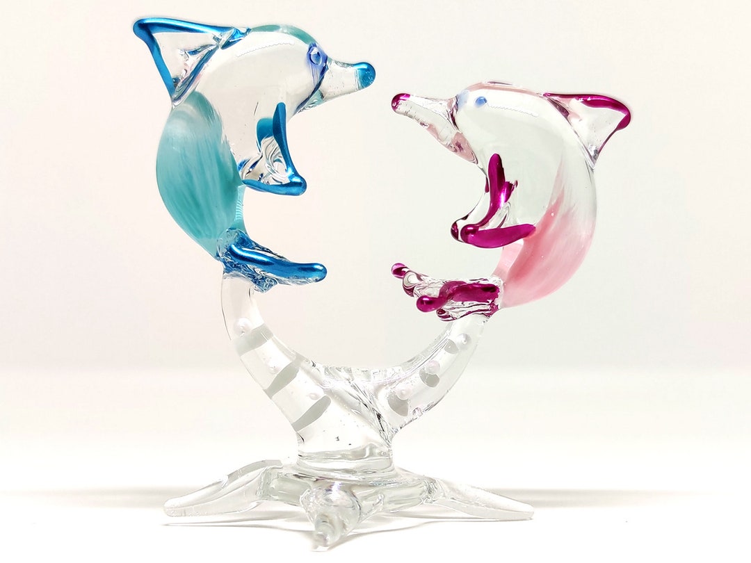 Heart Dolphins Miniature Figurines Hand Blown Glass Art Animals