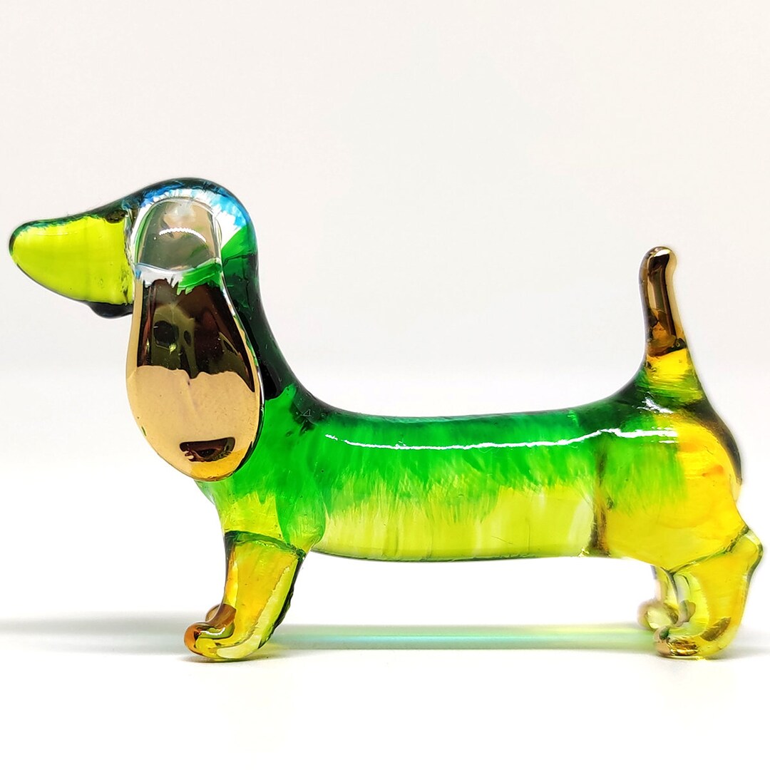 Dachshund Figurines Hand Painted Green Blue Blown Glass Art Gold Trim