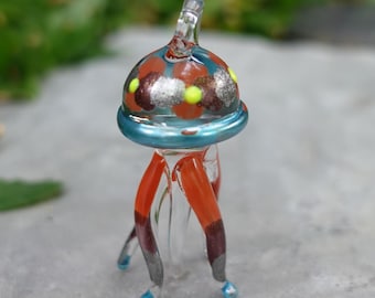 Jellyfish Miniature Figurines Animals Hand Blown Glass Art Sea Collectible Gift Decorate Ornament, Blue Orange