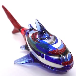 Whale-Shark Tiny Miniature Figurines Sea Animals Hand Blown Glass Art Collectible Gift Decorate (Blue Red)