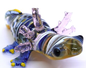 Axolotl miniatuur handgeblazen kleur glaskunst beeldjes dieren collectible cadeau woondecoratie 3" (blauw geel)
