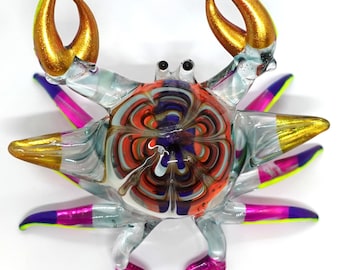 Crab Miniature Figurines Animals Hand Painted Blown Glass Art Collectible Gift Decorate 3.5", Vivid