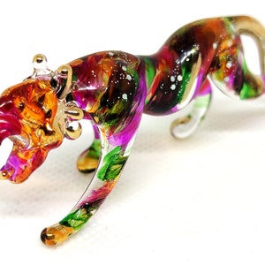 Tiger Figurines Hand Painted Green Orange Blown Glass Art 22k Gold Trim Animals Collectible Gift Home Decor