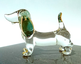 Dachshund Figurines Animals Hand Blown Clear Glass Art W/22k Gold Trim Dog Collectible Gift Decorate