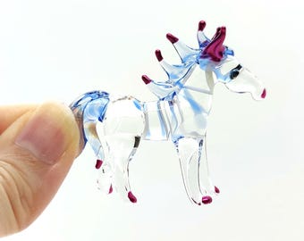 Figurines miniatures de chevaux en verre soufflé à la main, objets de collection, cadeaux et décorations (bleu et rose)