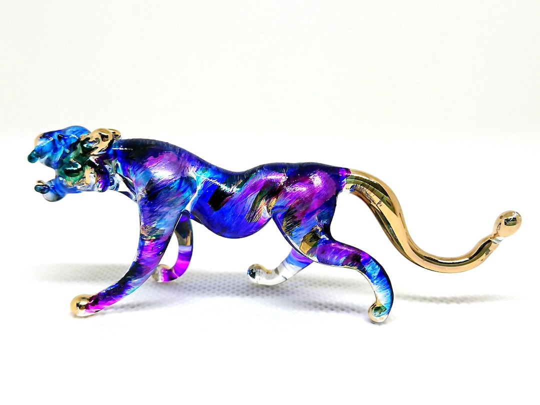 Tiger Figurines Hand Painted Purple Blue Blown Glass Art 22k Gold Trim