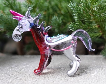 ブルー ホワイト ユニコーン ミニチュア フィギュア 動物 手吹きガラス