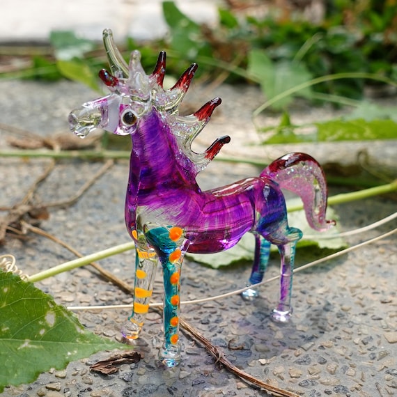 馬のミニチュアフィギュア 手描き 紫青 吹きガラス アート 動物