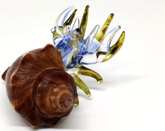 Seashell Hermit Crab Miniature Figurines Animals Hand Blown Glass Art Collectible Gift Decorate, Blue Tone