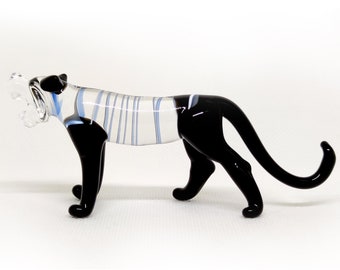 Tiger-Miniaturfiguren, Tiere, mundgeblasen, farbiges Glas, Kunst, Sammlerstück, Geschenk, Dekorieren, Schwarzblau