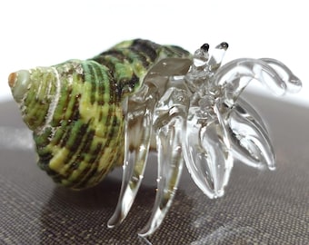 Seashell Hermit Crab Conch Tiny Miniature Figurines Beach Animals Blown Glass Art Natural Sea Collectible Gift Home Décor, T (Green)