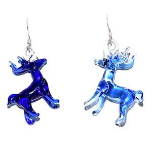 Deer Glass W/ 925 Silver Dangle Earrings Animals Figurines Hand Blown Glass Art Jewelry Gift (Blue)