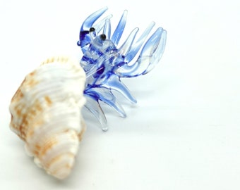 Seashell Hermit Crab Miniature Figurines Animals Hand Blown Glass Art Collectible Gift Decorate, Blue