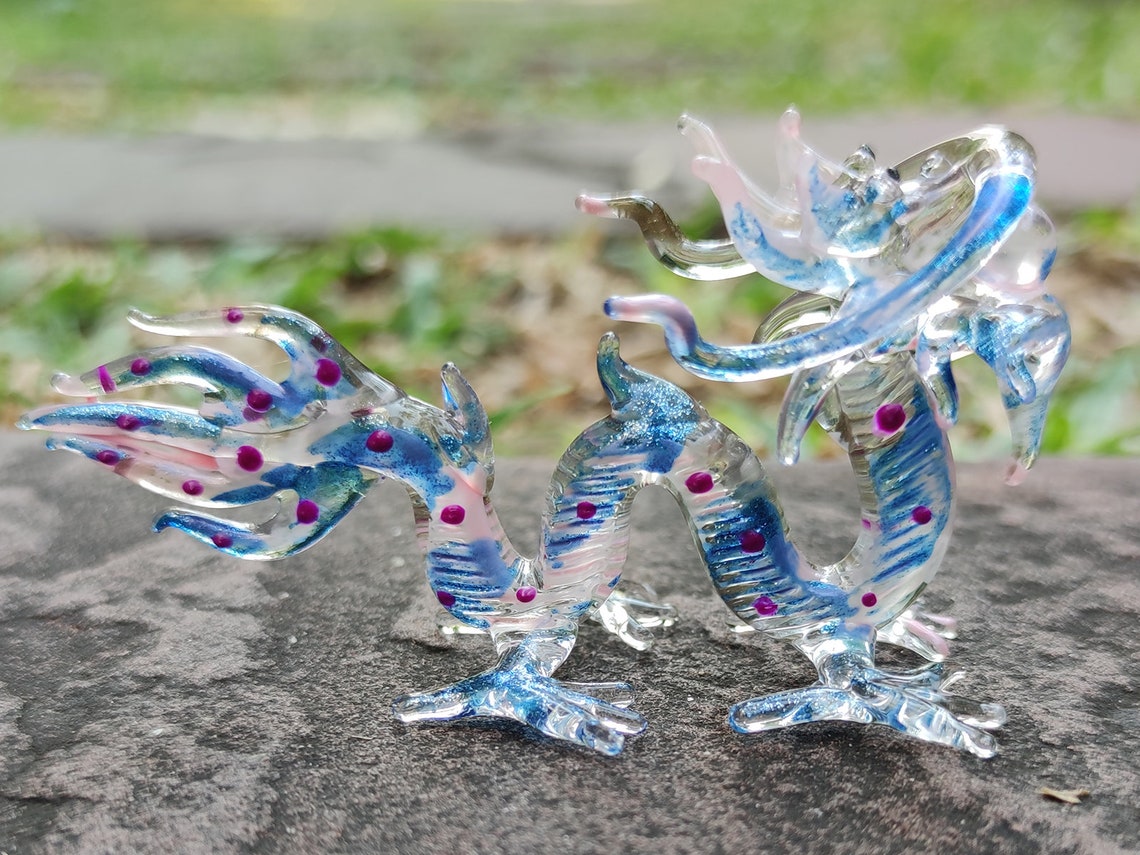 Dragon Figurines Hand Painted Pink Pastel Blue Blown Glass Art Etsy