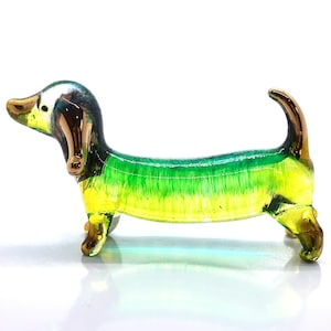 Dachshund Figurines Hand Painted Green Blue Blown Glass Art Gold Trim Animals Collectible Gift Home Decor Dog lover