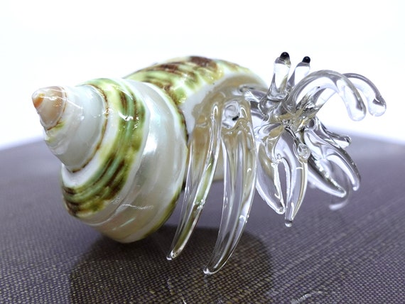 Sea Shell Seashell Hermit Crab Conch Tiny Miniature Figurines Beach Animals  Hand Blown Glass Art Natural Collectible Gift Home Décor, T (Cream)