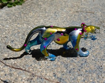 Tiger Miniatur Figuren handgemaltes Gold blau mundgeblasenes Glas Kunst Tiere Sammler Geschenk Wohnkultur