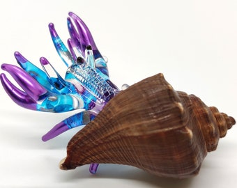 Seashell Hermit Crab Miniature Figurines Animals Hand Blown Glass Art Collectible Gift Decorate, Purple