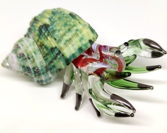 Seashell Hermit Crab Miniature Figurines Animals Hand Blown Glass Art Collectible Gift Decorate, Green Red V2