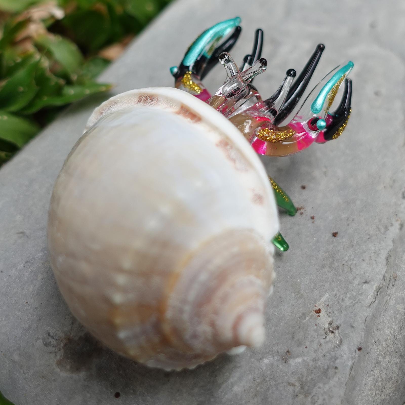 貝殻ヤドカリの置物 吹きガラスペイントミックス 天然ホワイトシェル