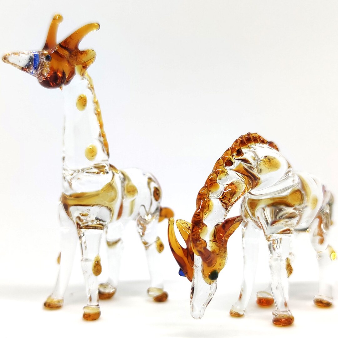 2 Giraffes Miniature Figurines Animals Hand Blown Glass Art Collectible